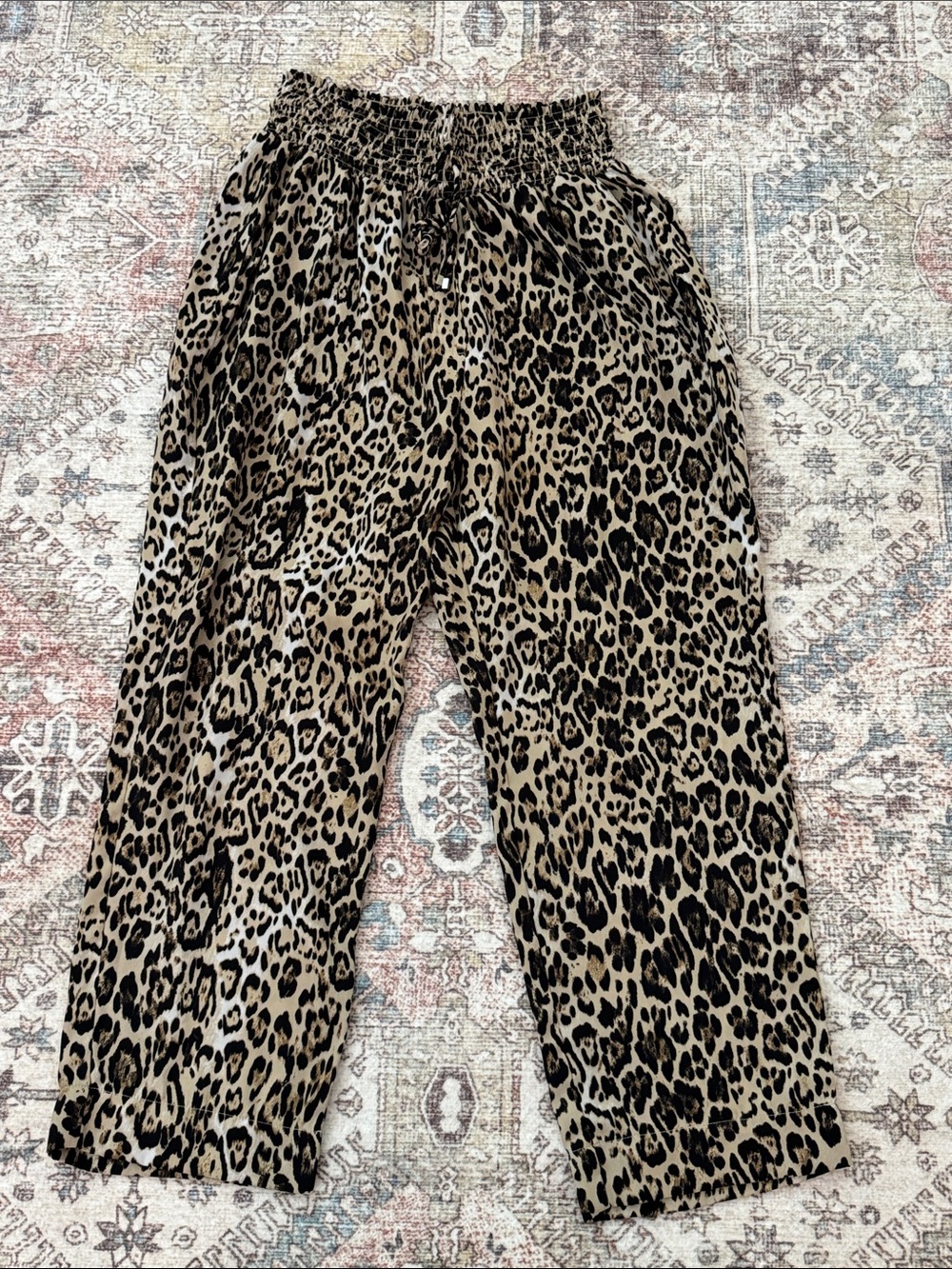 WAYF Leopard Print Smocked Waist Pants